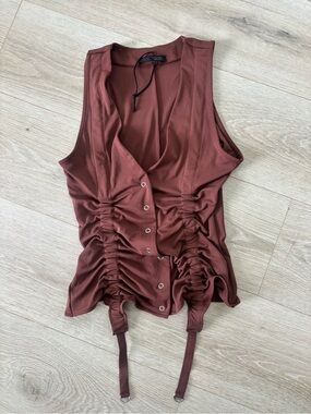 Zara Ruched Sleeveless Button-Front going out Tank Top - Brown